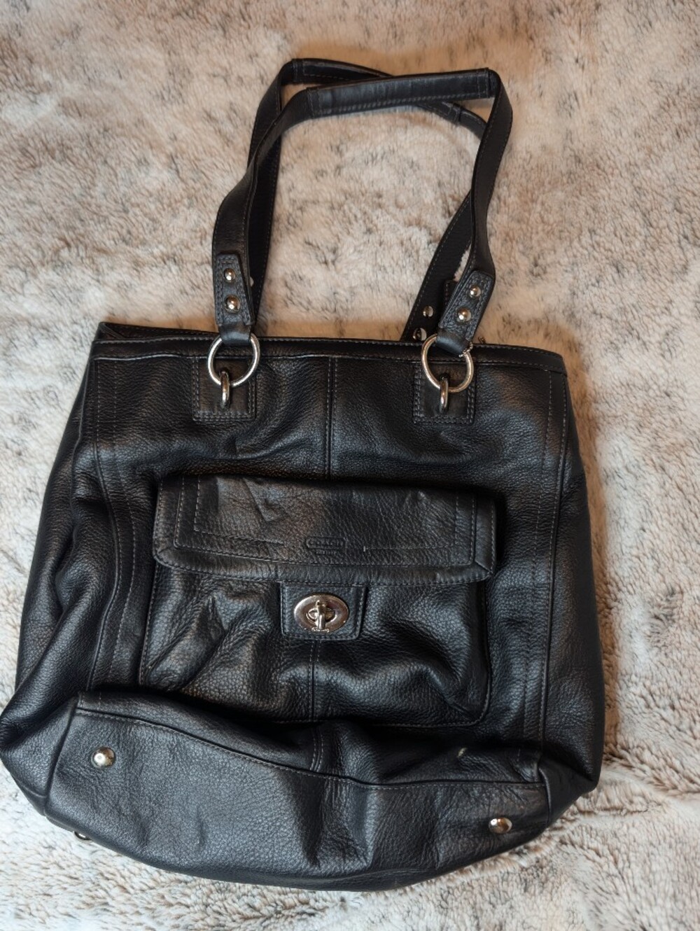 Coach Black Pebble Leather Turnlock Pocket Shoulder Bag Tote F19264